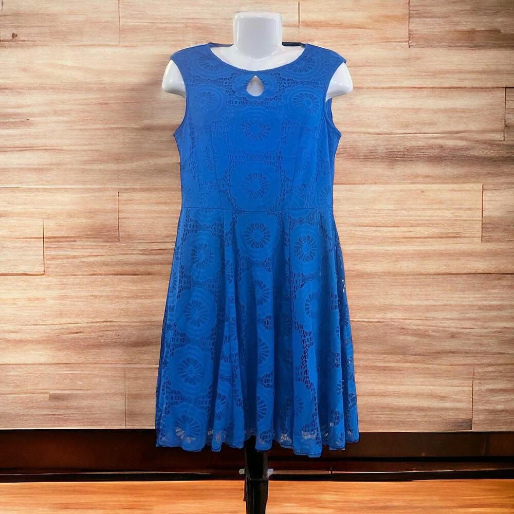 London Style Collection Women's Blue Lace Sleeveless Knee-Length Dress | Size 12